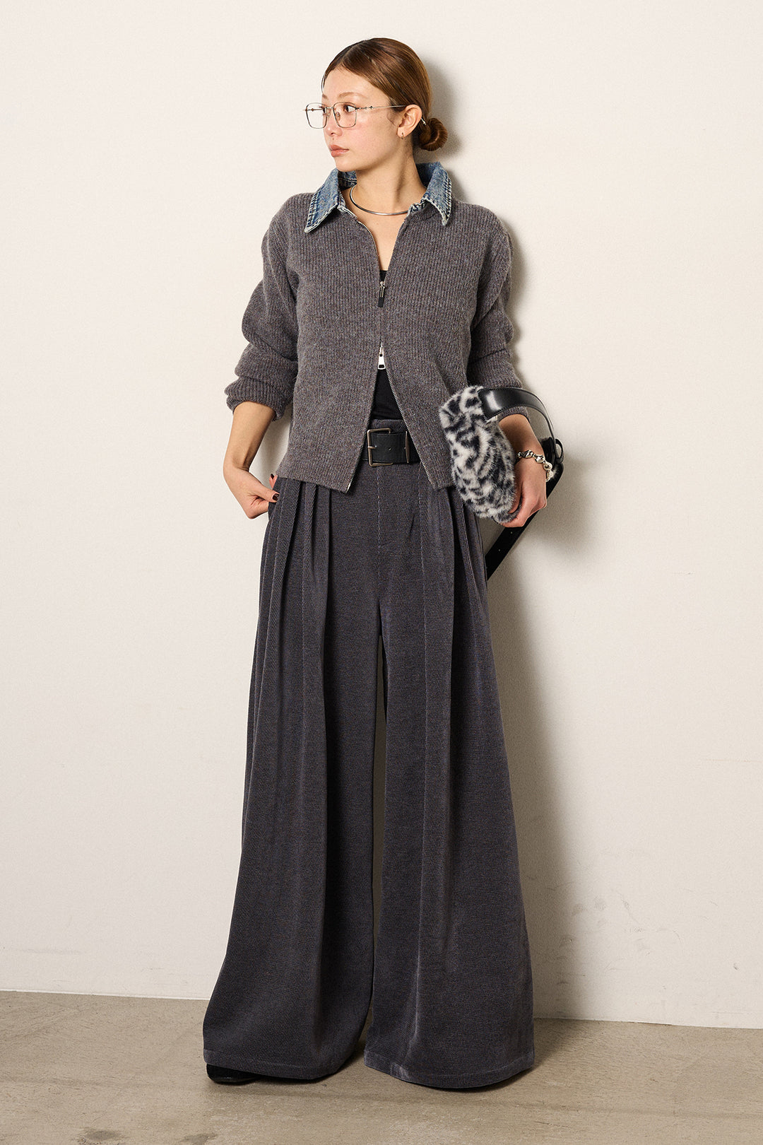 [SET]デニム襟ダブルジップニットトップス+ベルトループコーデュロイワイドパンツ(2set)