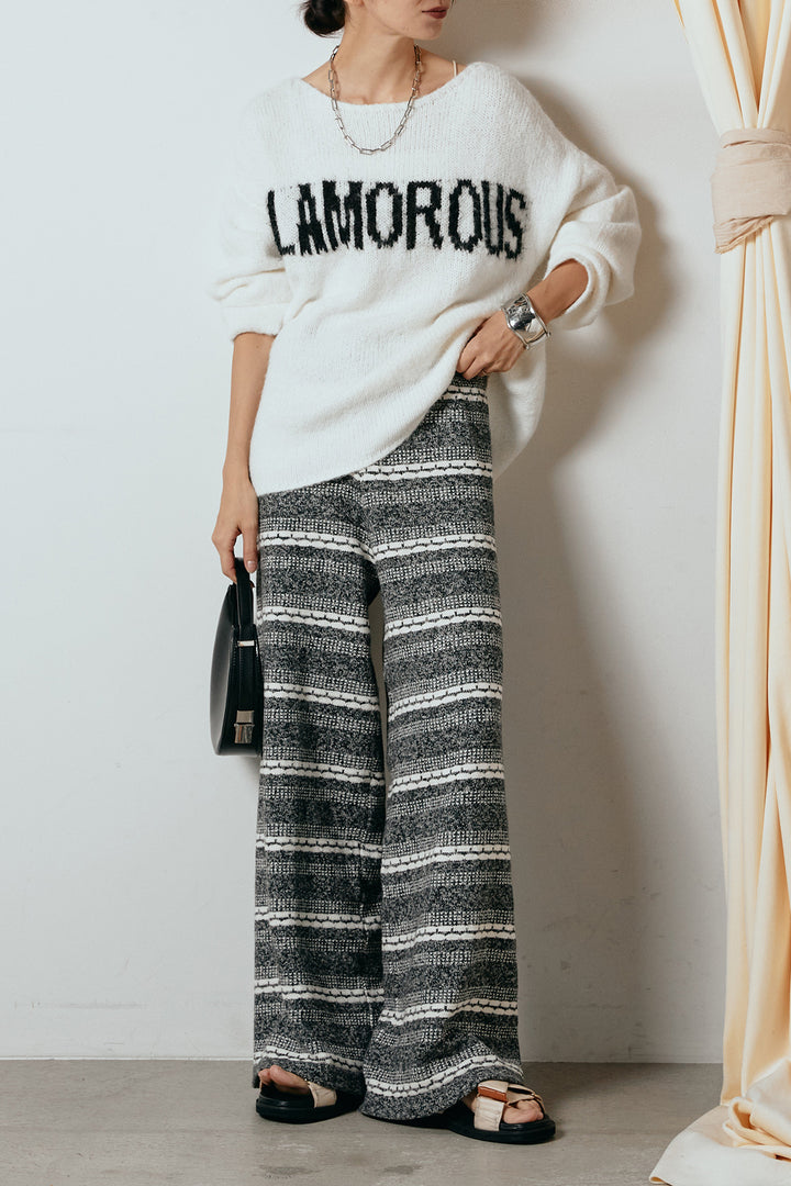 [SET]フロントロゴデザインニットトップス+マルチライン柄リラックスニットパンツ(2set)