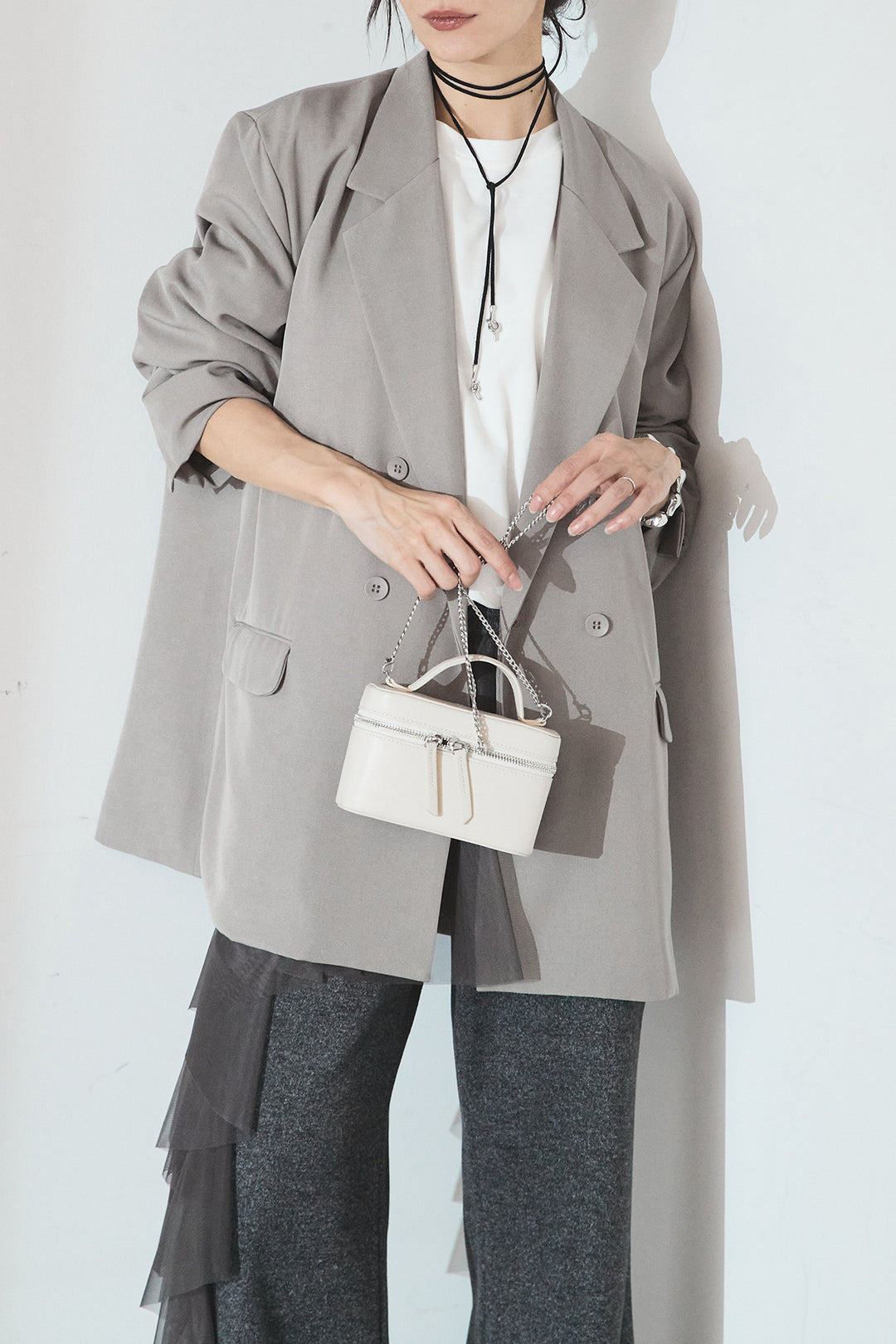 [SET]ルーズシルエットダブルテーラードジャケット+チュールレイヤードニットパンツ(2set)