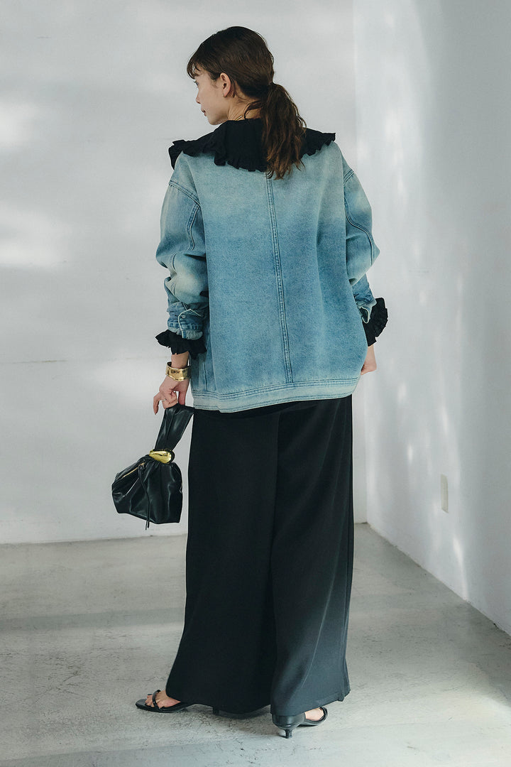 [SET]ノーカラーデニムポケットジャケット+コットンフリルブラウス+ベルト付きタックデザインハイウエストロングパンツ(3set)