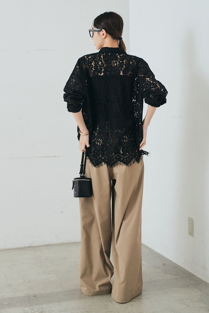 [SET]レース裾スカラップシャツ+ベルトループデザインハイウエストタックパンツ(2set)