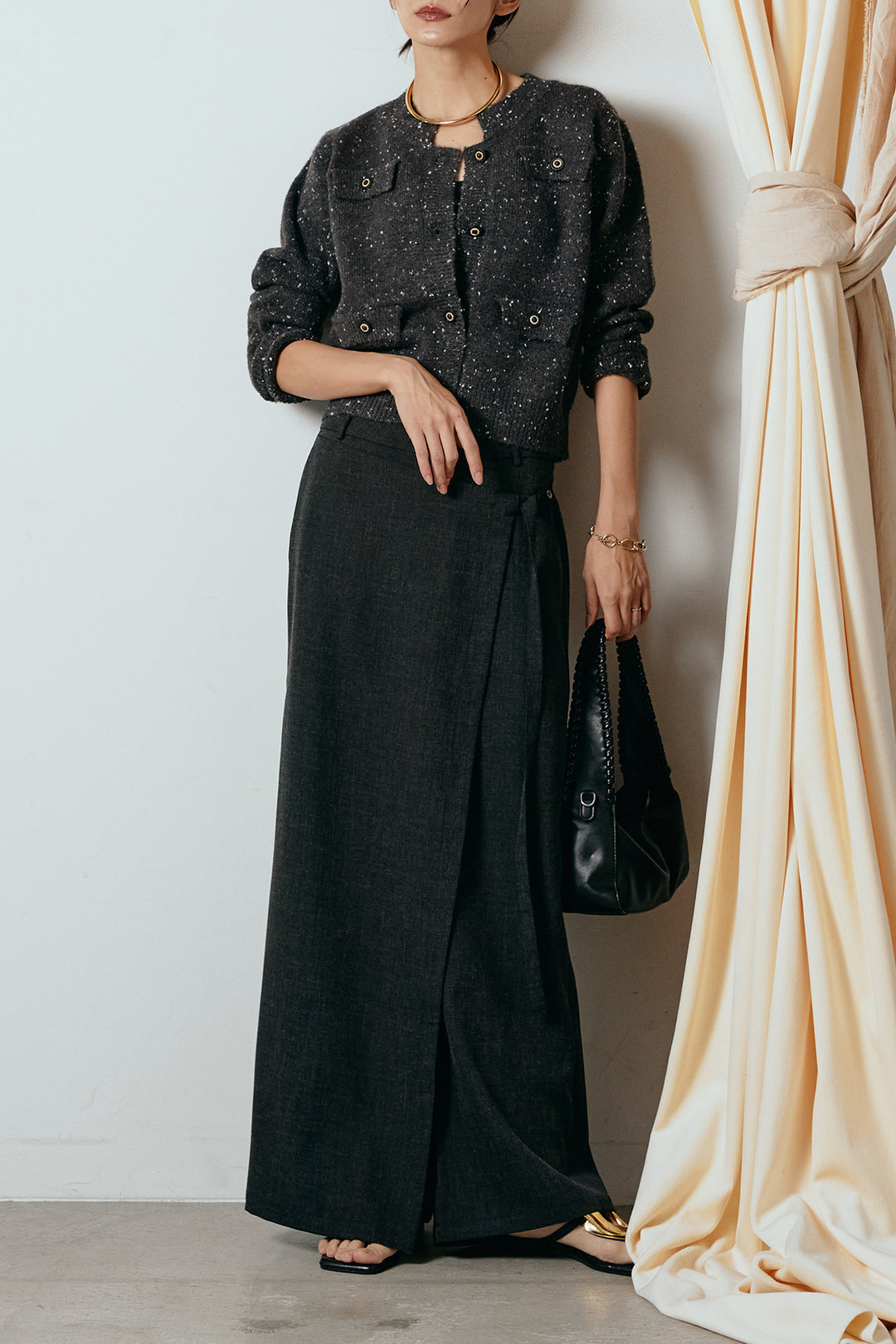 [SET]ネップニットカーディガン+ラップ巻きワイドスラックス(2set)