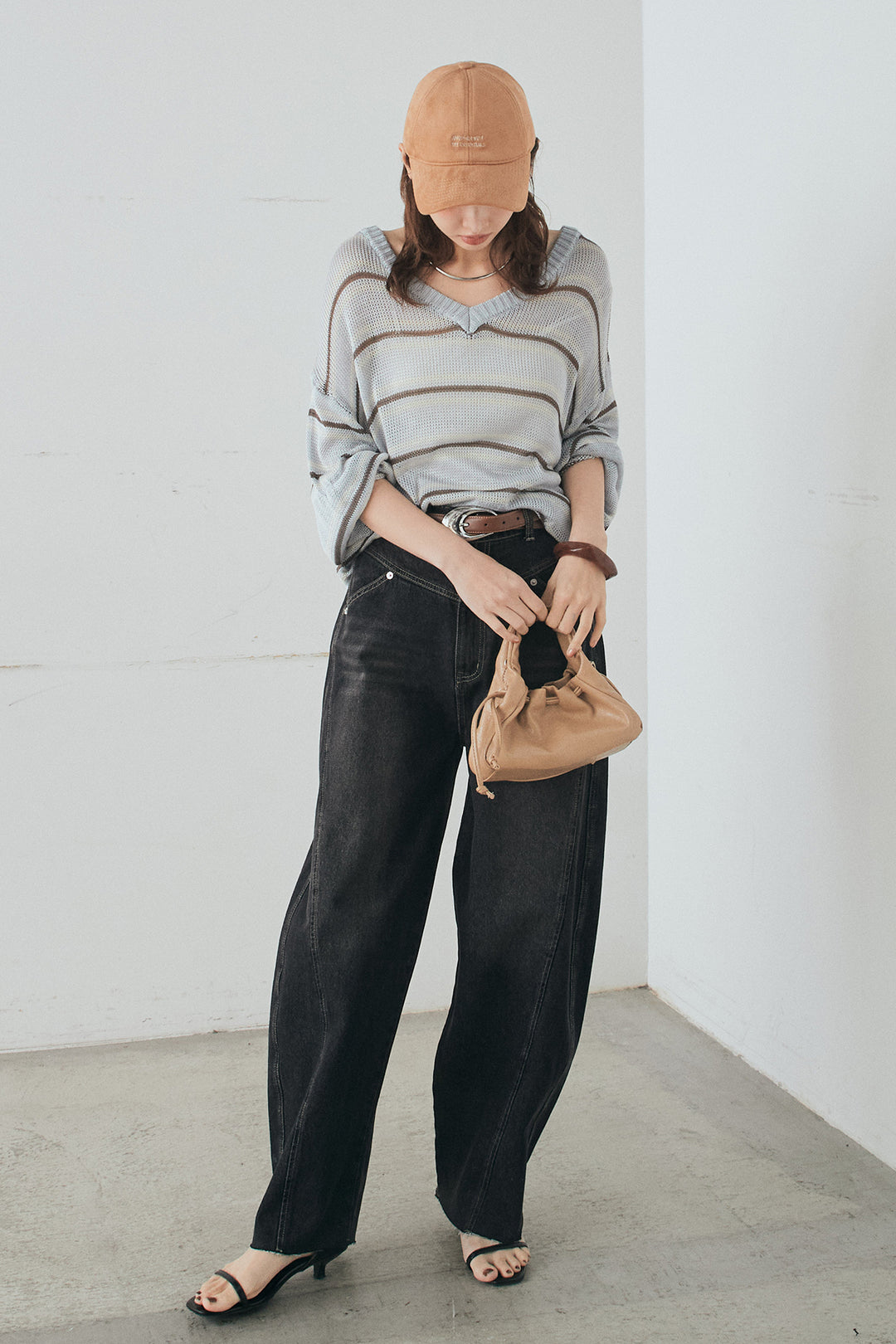 [SET]綿タッチVネックボーダートップス+デニムヨークパンツ(2set)