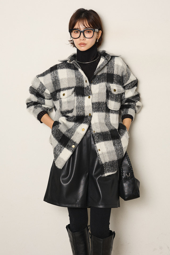 [SET]起毛チェック柄ポケットアウター+ストレッチエコレザーバミューダパンツ(2set)