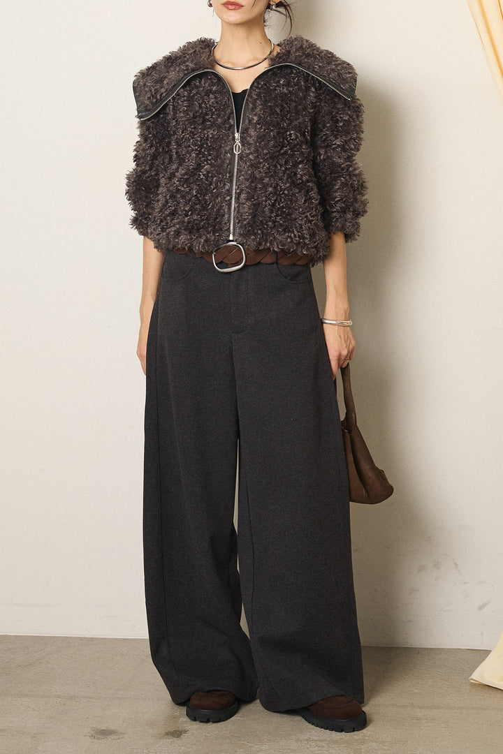 [SET]ビッグカラープードルボアアウター+編みベルト付きワイドパンツ(2set)