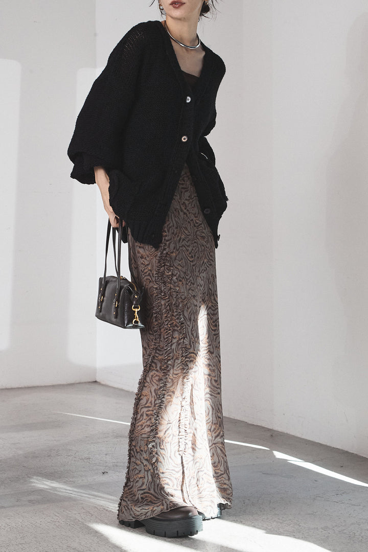 [SET]コード刺繍リラックスニットカーディガン+抽象柄ロングスカート(2set)