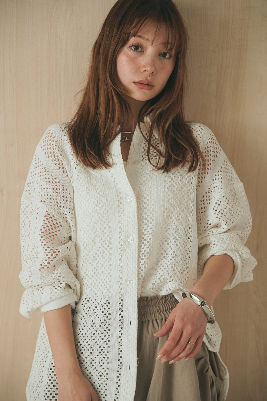 [SET]長袖襟付きレースシャツ+ポケットタックフォルムパンツ(2set)