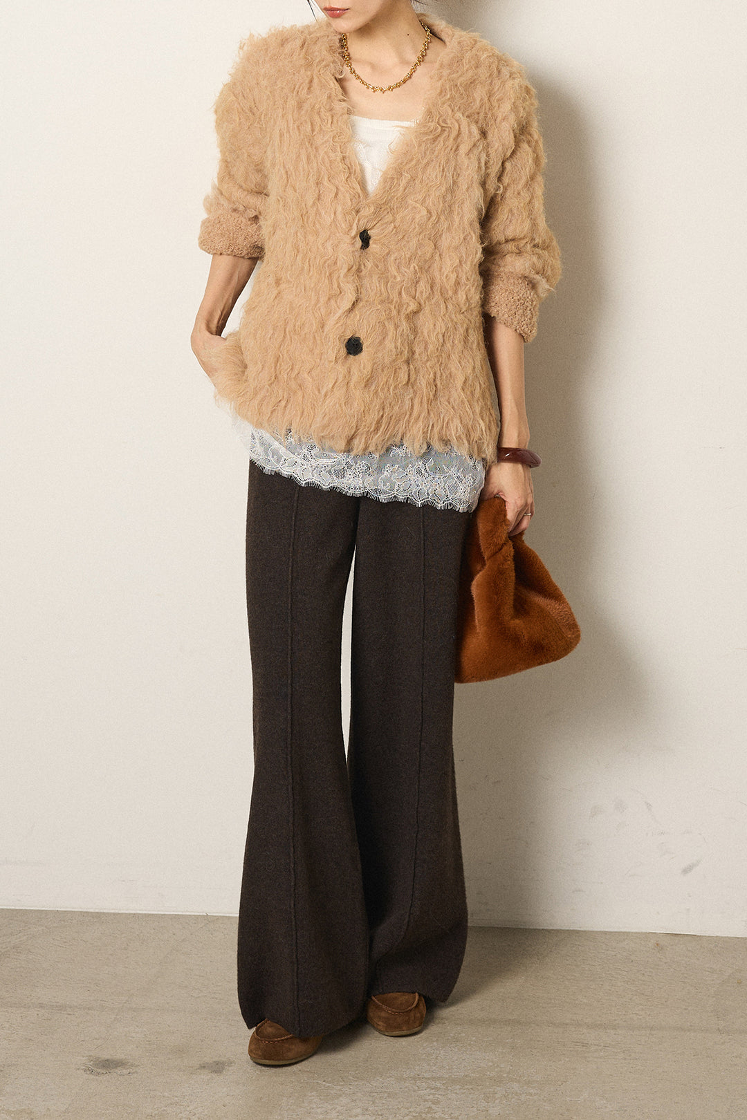 [SET]起毛シャギーニットカーディガン+センターラインニットパンツ+レース切り替えキャミソール(3set)