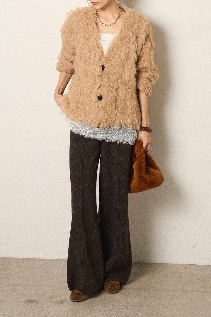 [SET]起毛シャギーニットカーディガン+センターラインニットパンツ+レース切り替えキャミソール(3set)