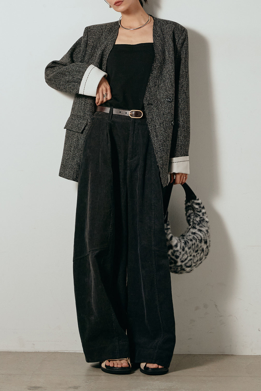 [SET]ノーカラーダブルボタンツイードジャケット+タック入りコーデュロイワイドパンツ(2set)