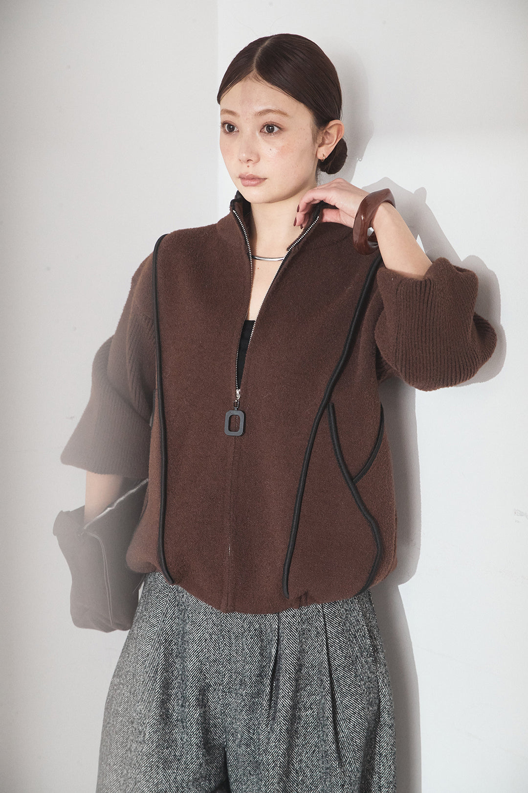 [SET]ハイネックパイピングデザインブルゾン+タックツイードワイドパンツ(2set)