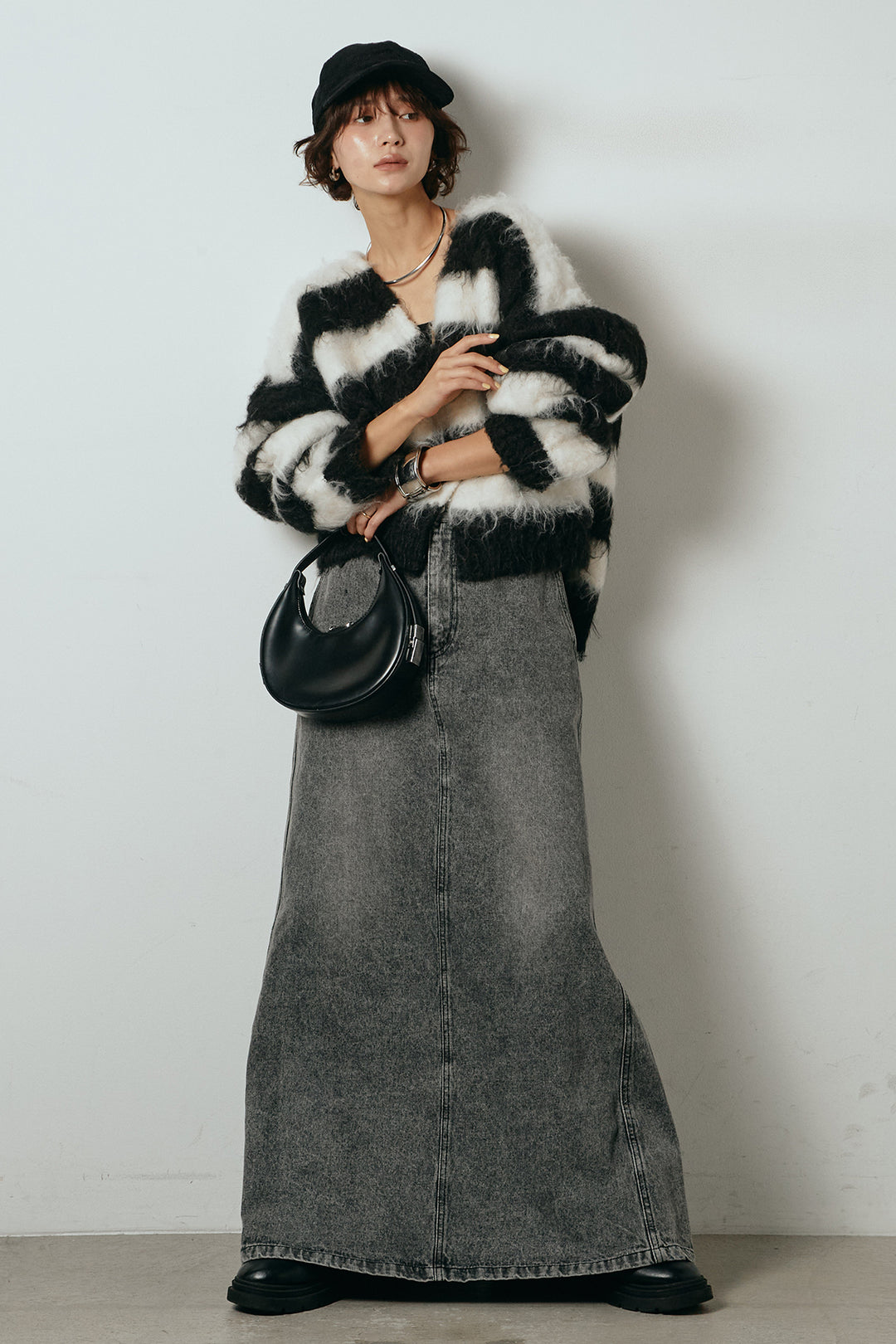 [SET]シャギーボーダー柄ニットカーディガン+デニムロングフレアスカート(2set)