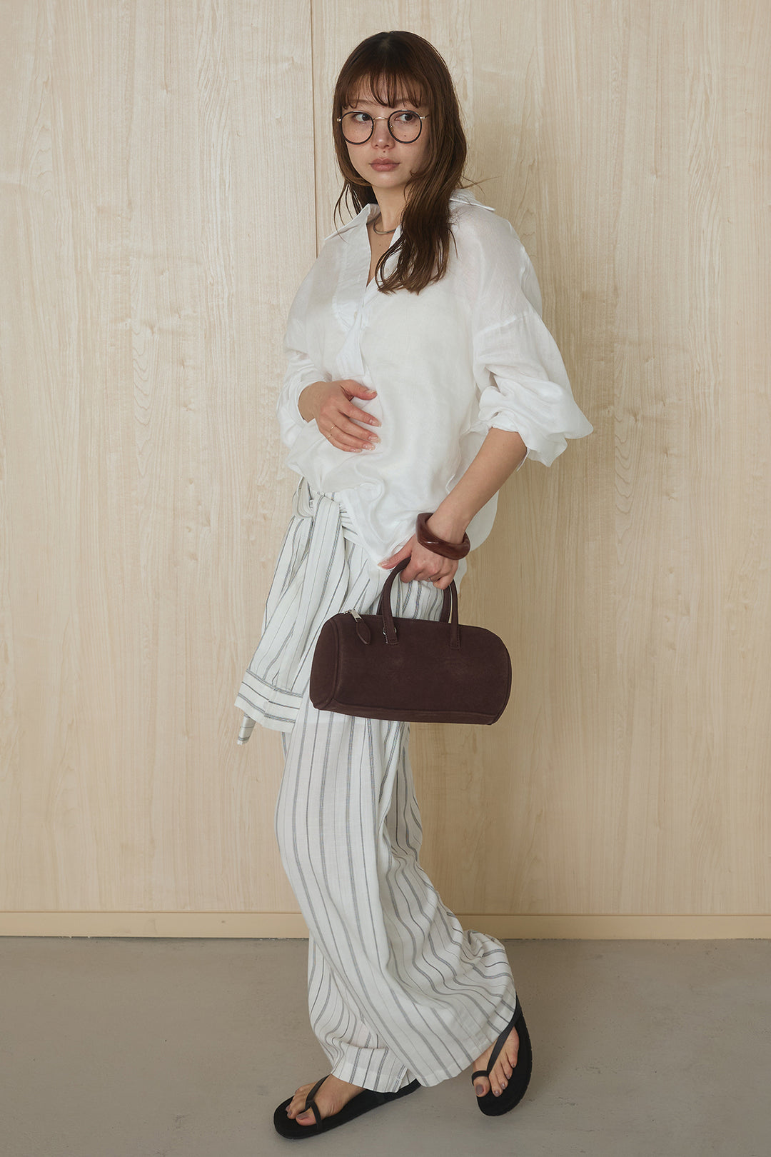 [SET]襟付きボタンブラウス+ウエスト巻きピンストライプパンツ(2set)