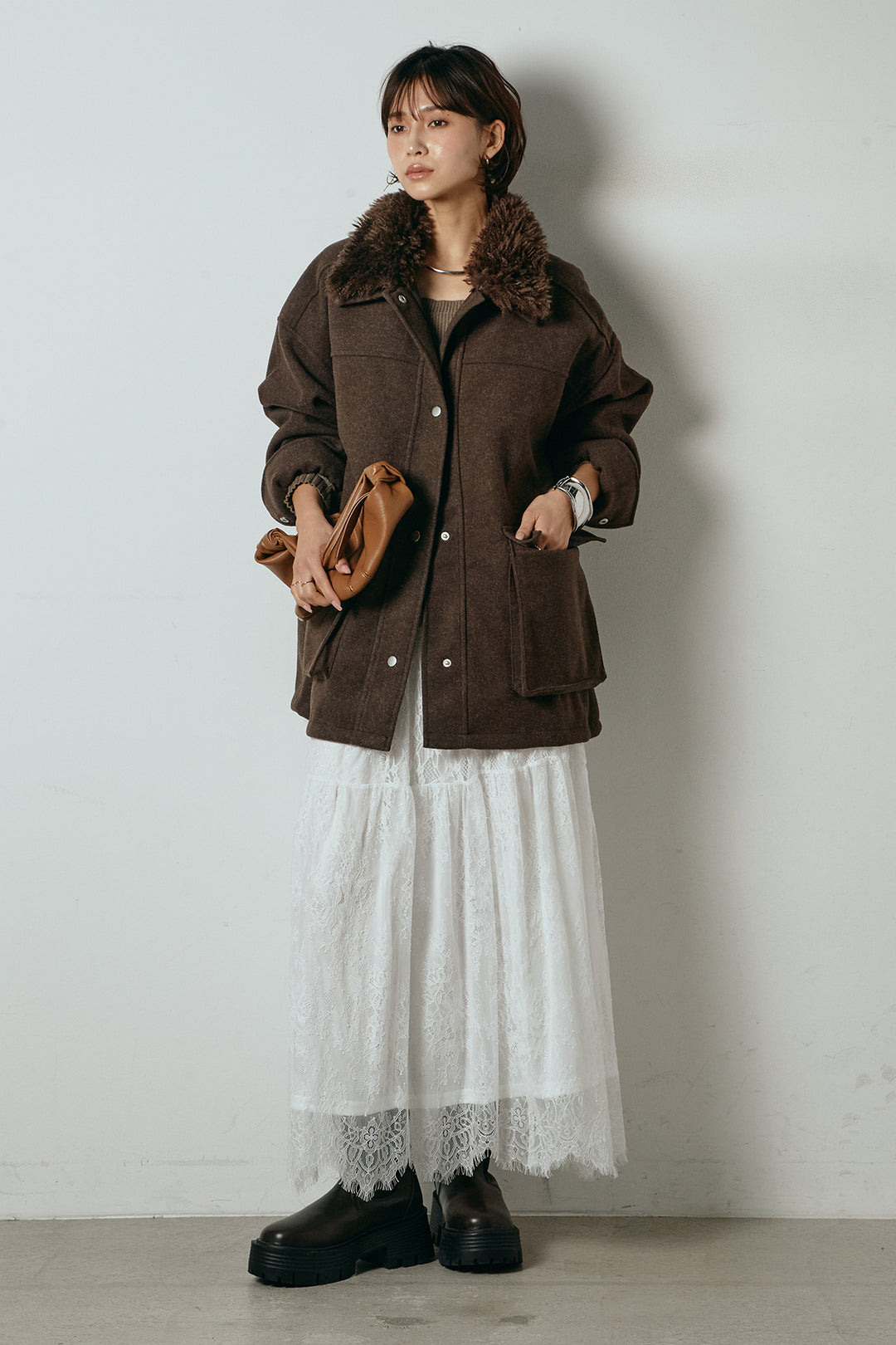 [SET]エコウール衿ファー薄中綿入りミドルカバーオール+ひげレース切替ロング丈スカート(2set)
