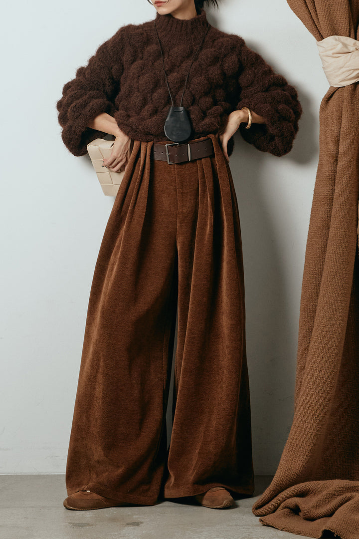 [SET]ボリュームポップコーンニットトップス+ベルトループコーデュロイワイドパンツ(2set)