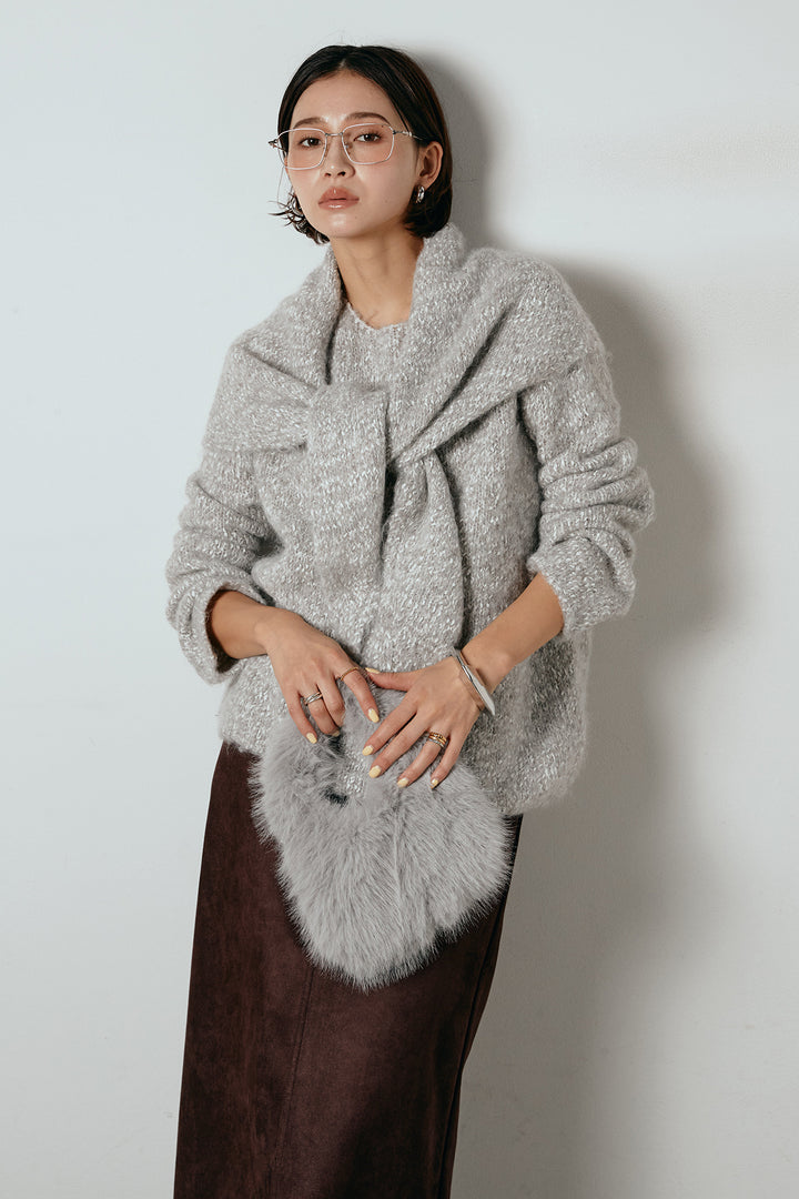 [SET]スカーフ付きミックスニットトップス+スウェードライク裾フリンジスカート(2set)