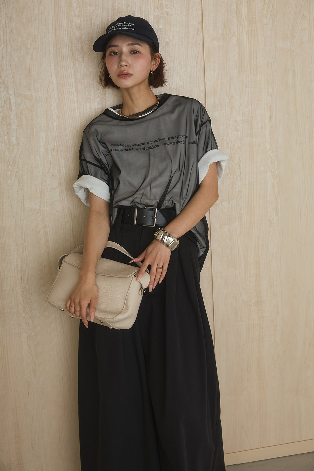 [SET]綿天竺Tシャツ×チュールトップス+ベルト付きビックループワイドパンツ(2set)