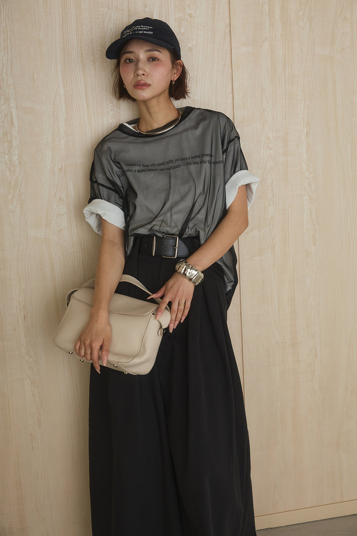 [SET]綿天竺Tシャツ×チュールトップス+ベルト付きビックループワイドパンツ(2set)