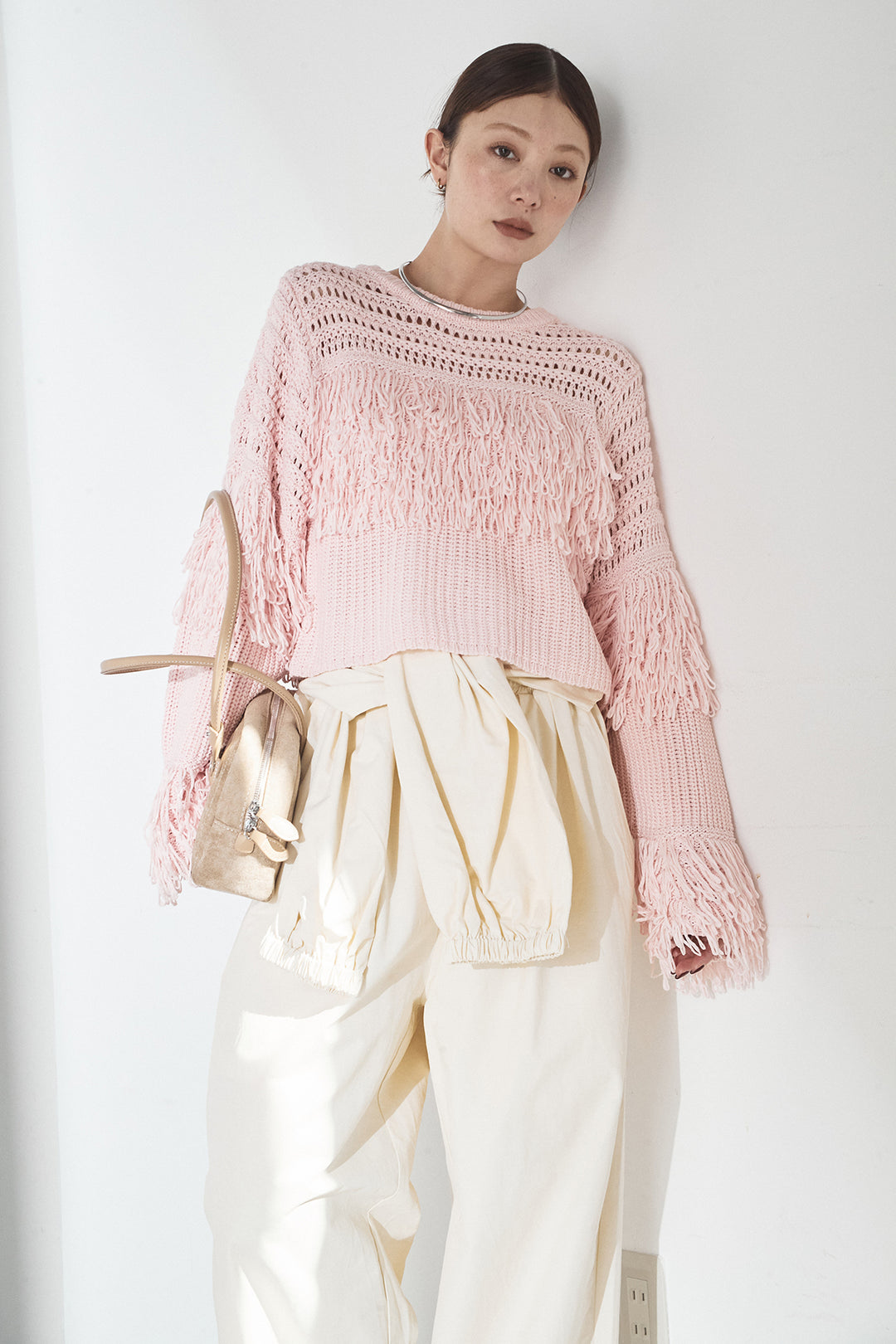 [SET]メッシュフリンジ切り替えプルオーバー+合繊ツイルスタンドウエスト巻きジョガーパンツ(2set)