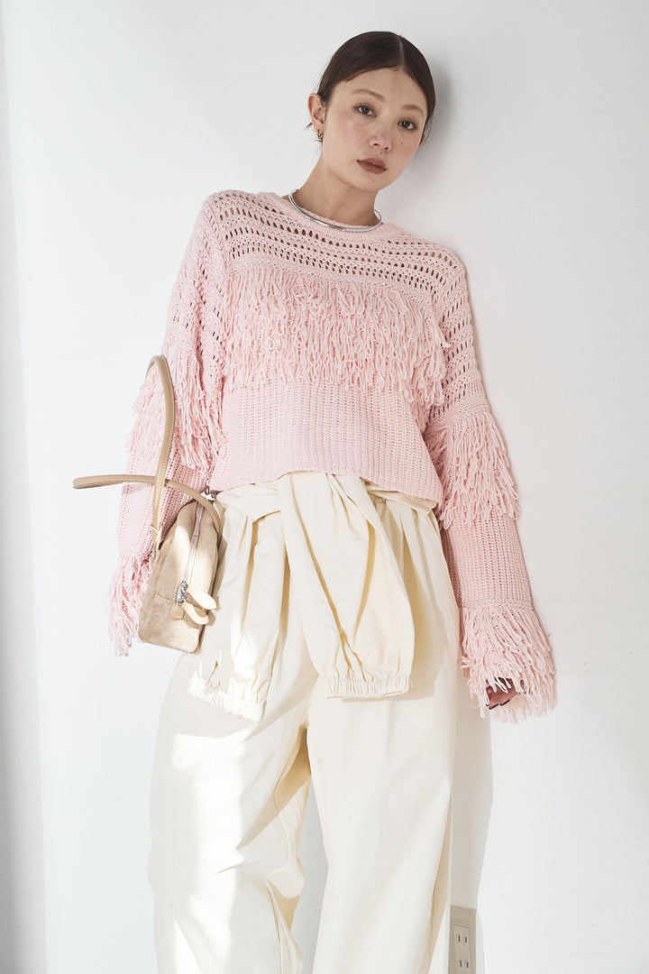 [SET]メッシュフリンジ切り替えプルオーバー+合繊ツイルスタンドウエスト巻きジョガーパンツ(2set)