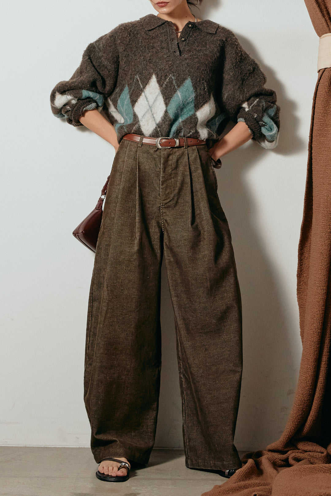 [SET]アーガイル柄ポロニットトップス+フロントタック入りコーデュロイパンツ(2set)