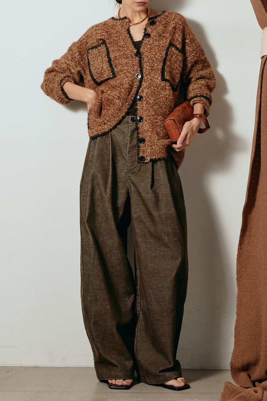 [SET]ミックスニットポケットカーディガン+フロントタック入りコーデュロイパンツ(2set)