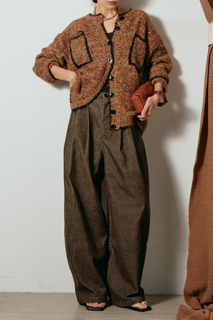 [SET]ミックスニットポケットカーディガン+フロントタック入りコーデュロイパンツ(2set)