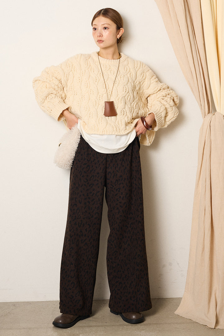 [SET]ケーブルリラックスショートニット+箔プリントBIGシルエットロングスリーブTシャツ+レオパードジャガードニットパンツ(3set)