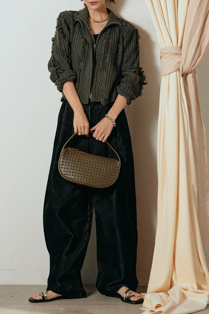 [SET]ハイネックフリンジジップニットトップス+フロントタック入りコーデュロイパンツ(2set)