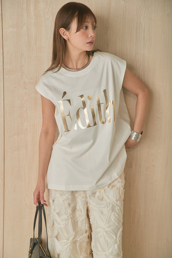 [SET]箔ロゴプリントノースリーブTシャツ+立体レースストレートパンツ(2set)