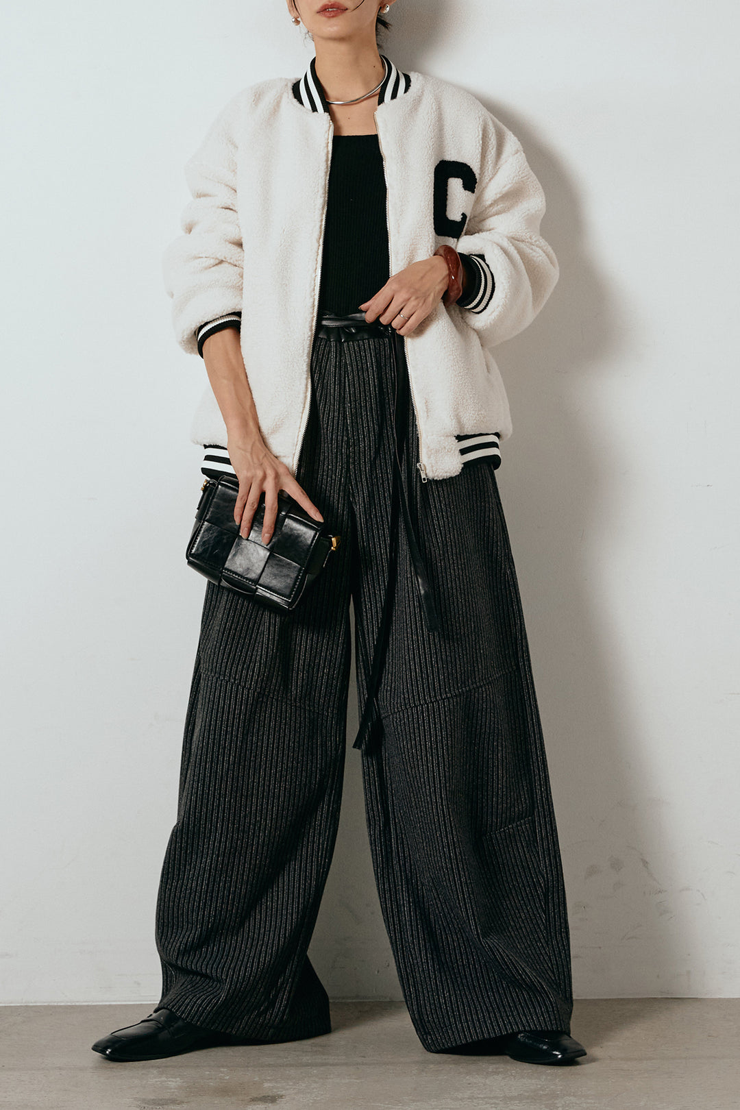 [SET]ロゴスタジャンボアブルゾン+レザーライク配色ストライプパンツ(2set)