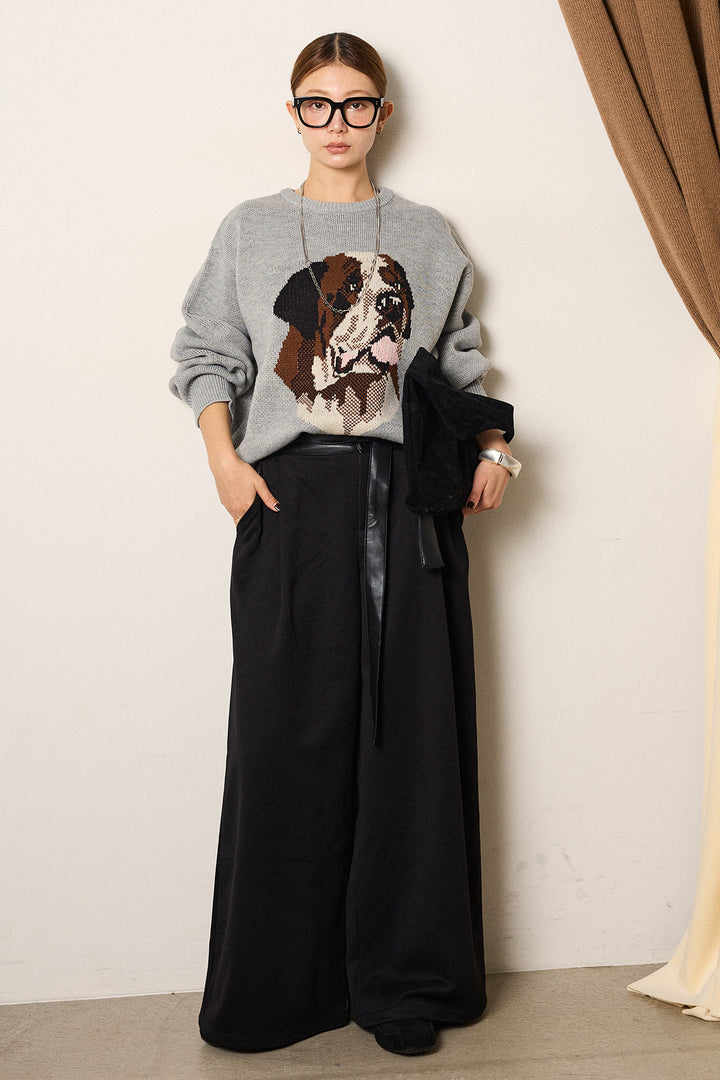 [SET]アニマルジャガード柄ニットトップス+巻ベルトウエストレザーライクワイドパンツ(2set)