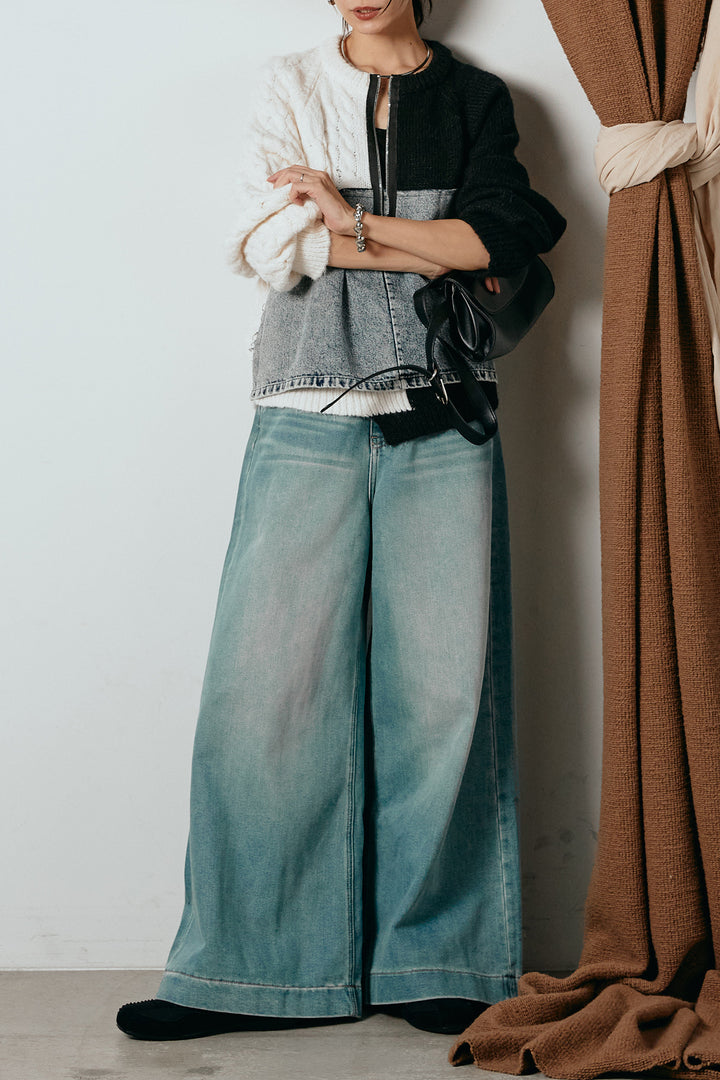 [SET]ハーフジップニットデニムドッキングトップス+ウエストダブルボタンワイドデニムパンツ(2set)