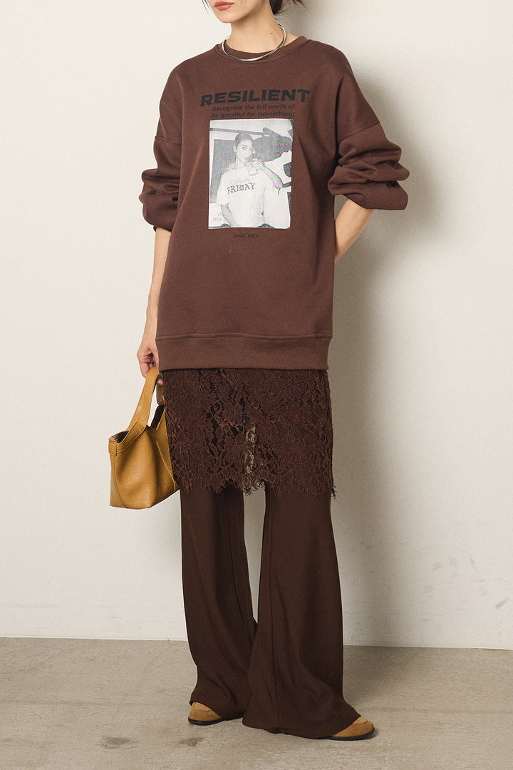 [SET]モノトーンプリントスウェット+レース刺繍レイヤードフレアパンツ(2set)