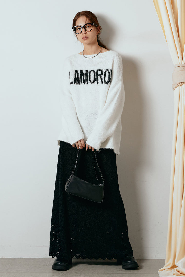 [SET]フロントロゴデザインニットトップス+花柄刺繍ベロアフレアスカート(2set)