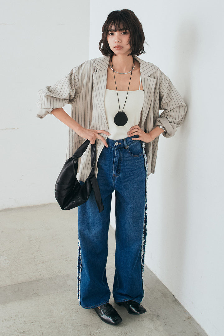 [SET]リネンライクストライプテーラードジャケット+デニムサイドフリルパンツ(2set)
