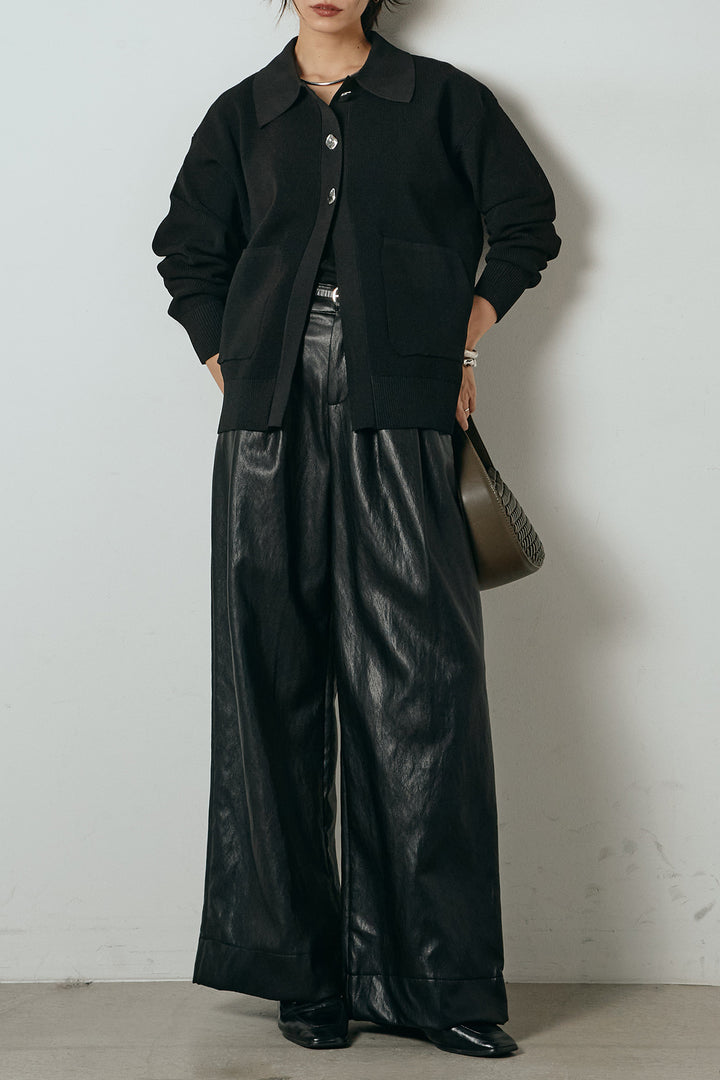 [SET]メタル釦衿付きニットカーディガン+ベルト付きレザーライクタックパンツ(2set)
