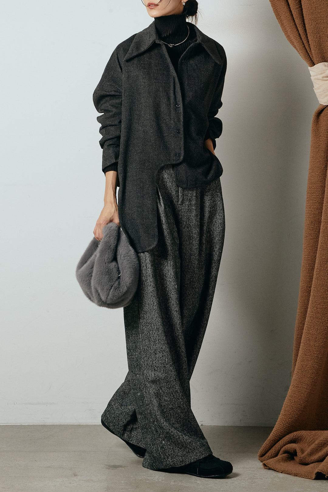 [SET]裾アシンメトリーデザインシャツ+タックツイードワイドパンツ+リブニットシームレスタートルプルオーバー(3set)