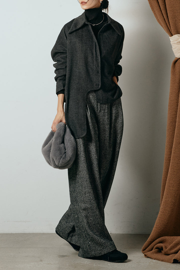 [SET]裾アシンメトリーデザインシャツ+タックツイードワイドパンツ+リブニットシームレスタートルプルオーバー(3set)