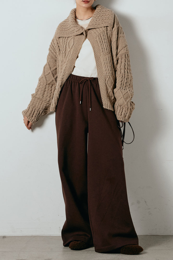 [SET]ビッグカラーケーブル編みニットトップス+2WAY袖コード刺繍クルーネックプルオーバー+裏起毛スウェットワイドパンツ(3set)