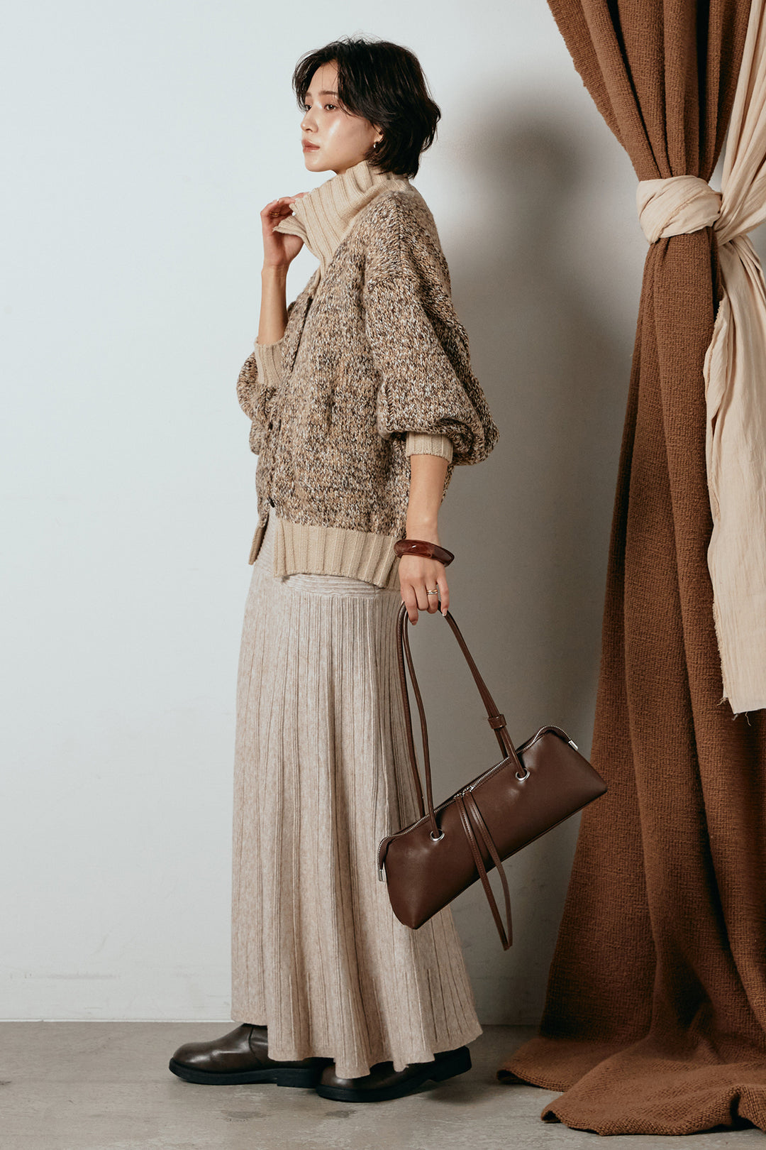 [SET]ハイネックミックスニットカーディガン+編み地切り替えフレアニットスカート(2set)