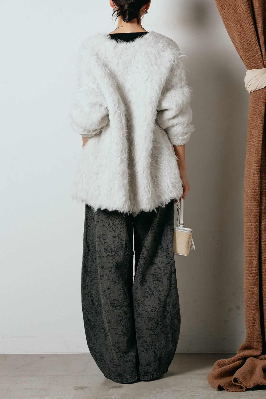 [SET]ウェーブシャギーニットジャケット+ベルト付きニュアンス柄カーブワイドパンツ(2set)