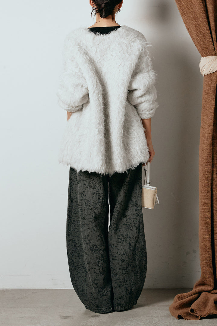 [SET]ウェーブシャギーニットジャケット+ベルト付きニュアンス柄カーブワイドパンツ(2set)