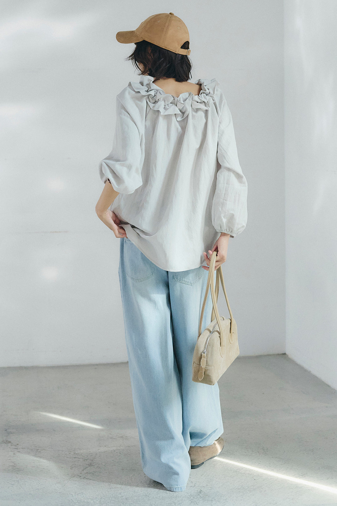 [SET]ネックフリルデザインブラウス+ウエスト裁ち切りデニムワイドパンツ(2set)