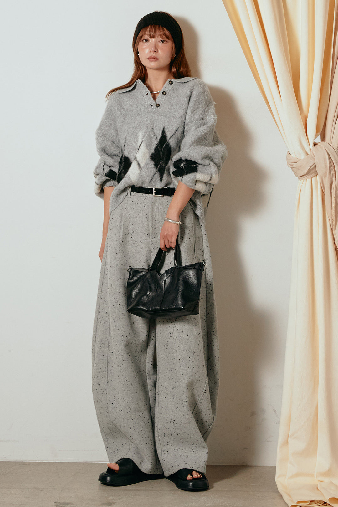 [SET]アーガイル柄ポロニットトップス+ベルト付きネップツイードカーブパンツ(2set)