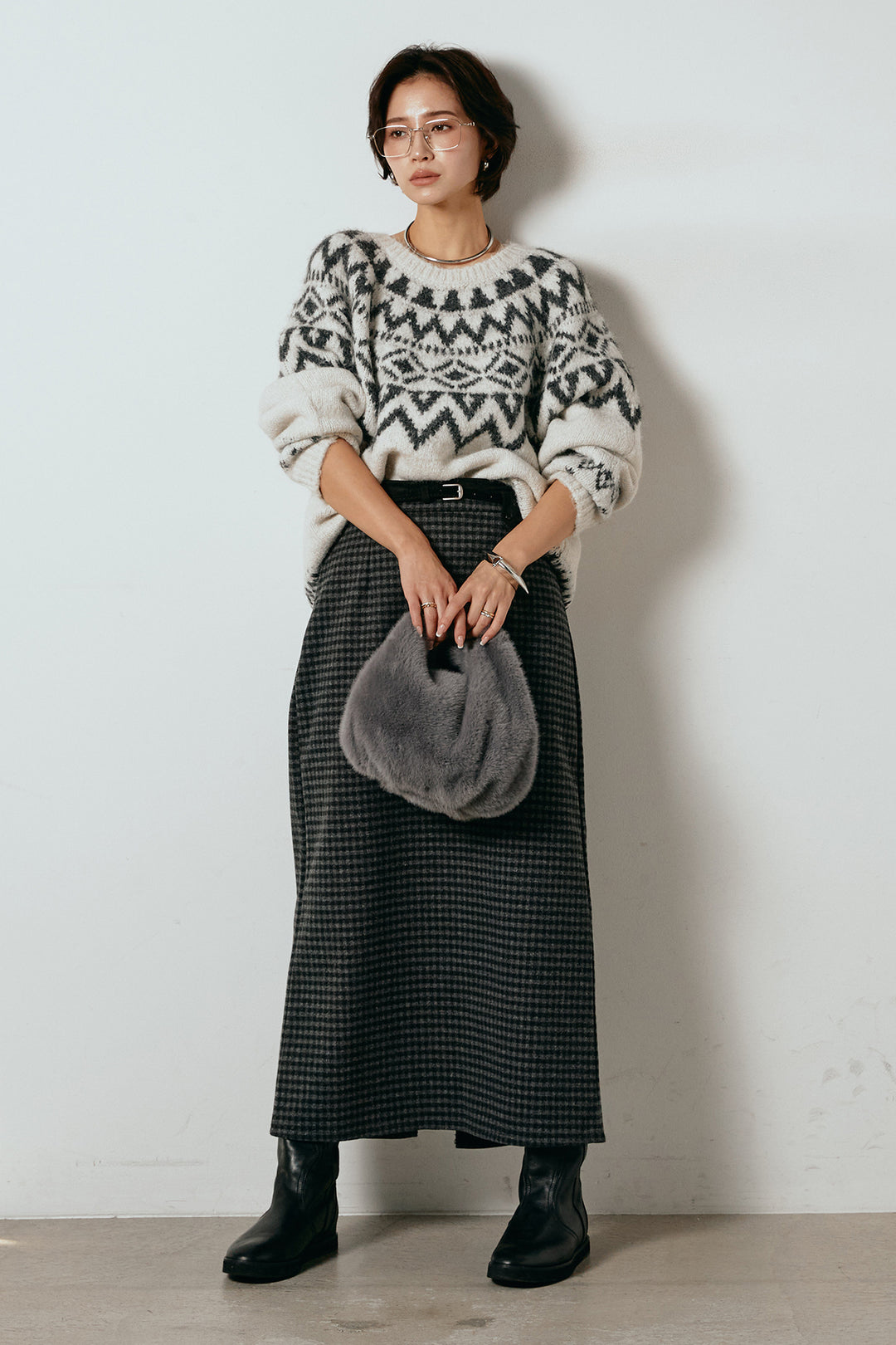 [SET]ノルディック柄Uネックプルオーバー+スエード調ベルト付きチェックナロースカート(2set)