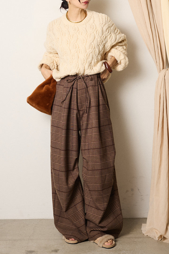 [SET]ケーブルリラックスショートニット+グレンチェックルーズタックパンツ(2set)