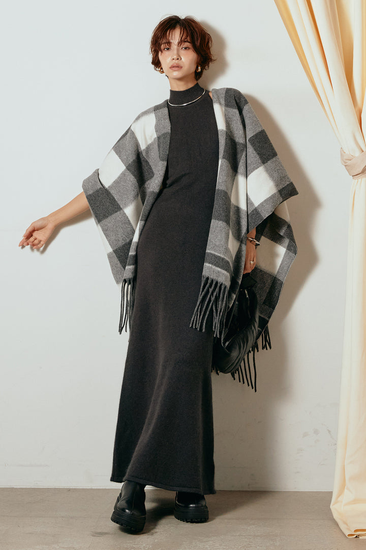 [SET]裾フリンジ柄ポンチョアウター+ノースリーブニットロングワンピース(2set)
