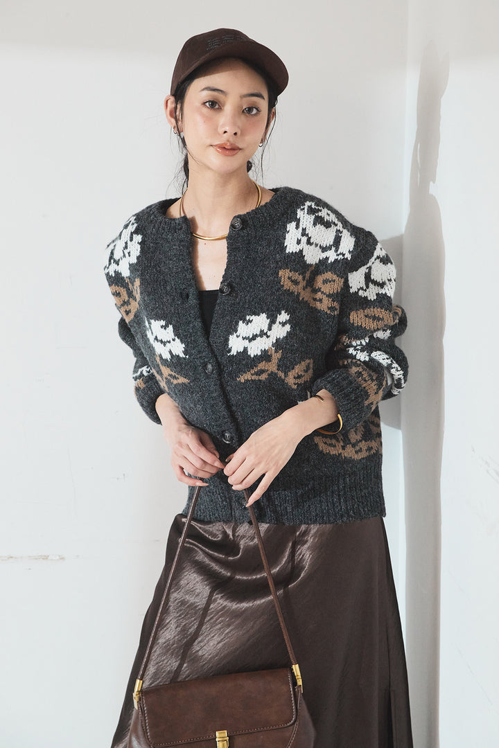 [SET]花柄ジャガードニットカーディガン+裾レースデザインサテンスカート(2set)