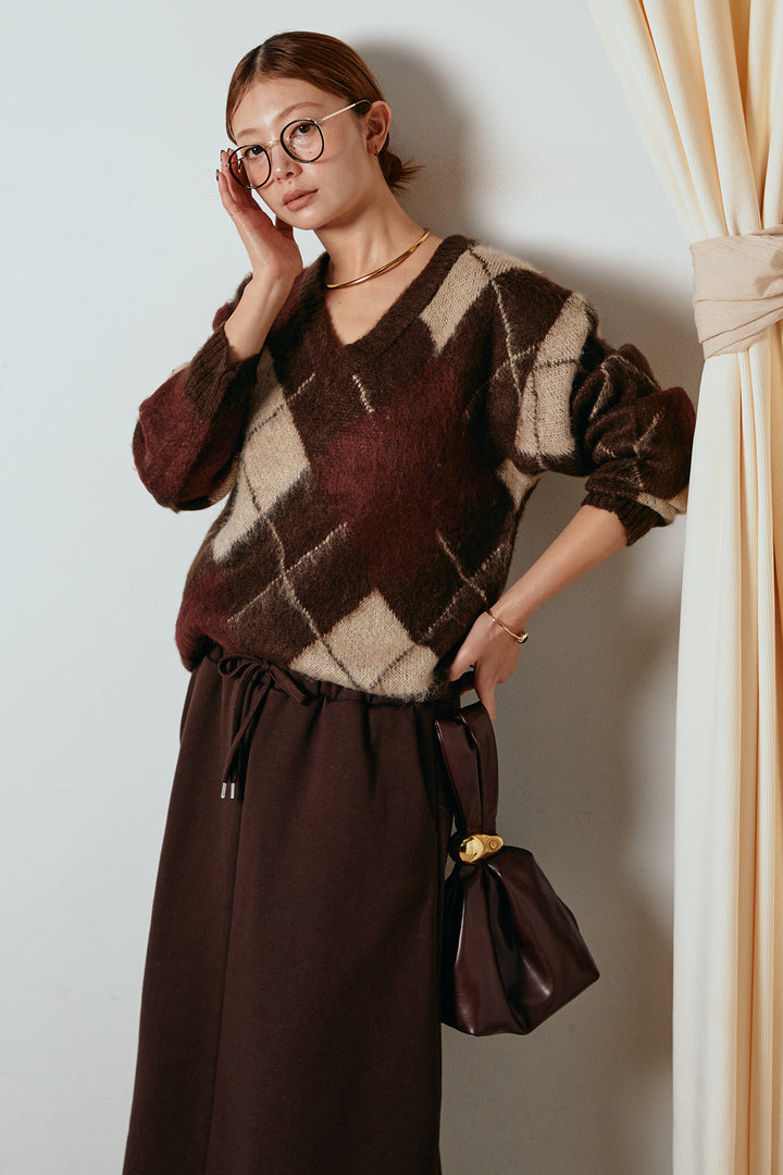 [SET]アクリルモヘアアーガイルVネックプルオーバー+裏起毛スウェットロングマキシスカート(2set)